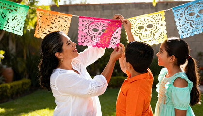 Hispanic family decorating with papel picado for Day of the Dead. Mother with son and daughter hanging colorful skull banners in their backyard