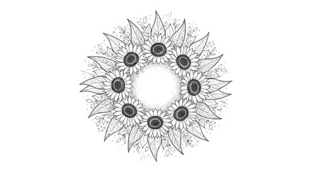 Sunflower botanical wreath, detailed ink drawing, illustration with copy space