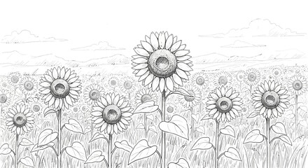 Sunflower field sketch, a serene view of nature, a simple floral backdrop