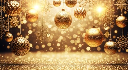 Floating golden baubles with warm bokeh background, luxury festive holiday decoration, shining Christmas atmosphere, elegant celebration.