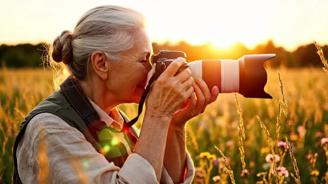 Senior woman photographer finds joy and passion photographing wildflower meadow at golden hour with telephoto lens, bathed in warm sunset light and peaceful outdoor bliss
