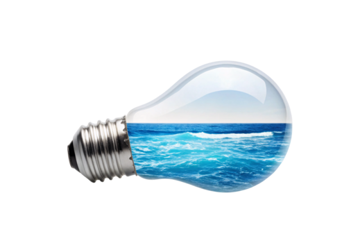 Lightbulb half-filled with ocean scene showing environmental duality, isolated on a transparent background