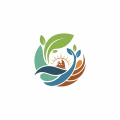 Abstract nature logo with sun, mountain, and leaves.