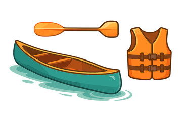 Canoeing and kayaking equipment set including boat, paddle, and orange life jacket