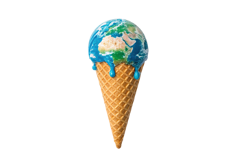 Earth as melting ice cream cone, climate change metaphor, waffle cone, isolated on a transparent background