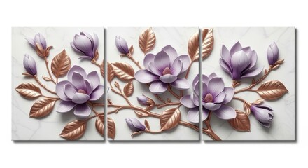 3d embossed purple magnolia flowers and buds with copper leaves on marble