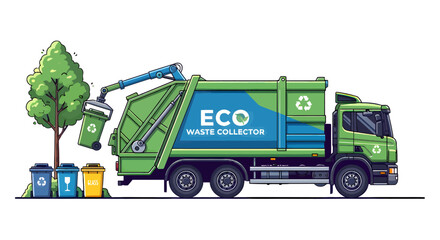 An eco-friendly waste management truck efficiently collects recycling from urban bins, promoting sustainable environmental practices and a cleaner city for a better future