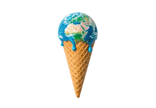 Earth as melting ice cream cone, climate change metaphor, waffle cone, isolated on a transparent background