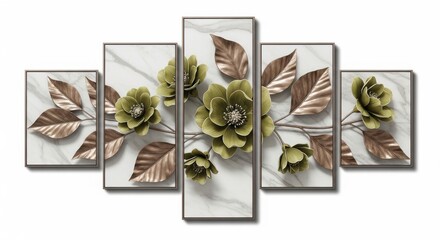 Green and bronze floral art set on marble, a beautiful multipanel wall decoration