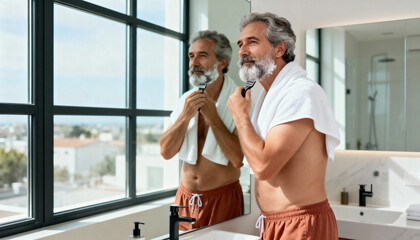 Mature man with grey hair shaving his beard in a modern bathroom. Senior male looking in the mirror during his morning grooming routine. Self-care and personal hygiene concept