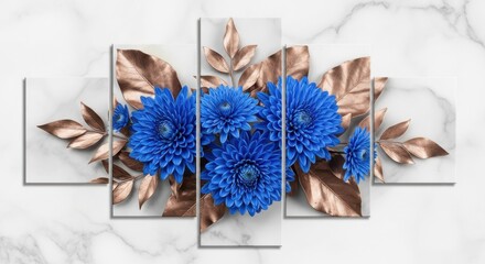 Bold blue chrysanthemums with bronze leaves on a marble canvas