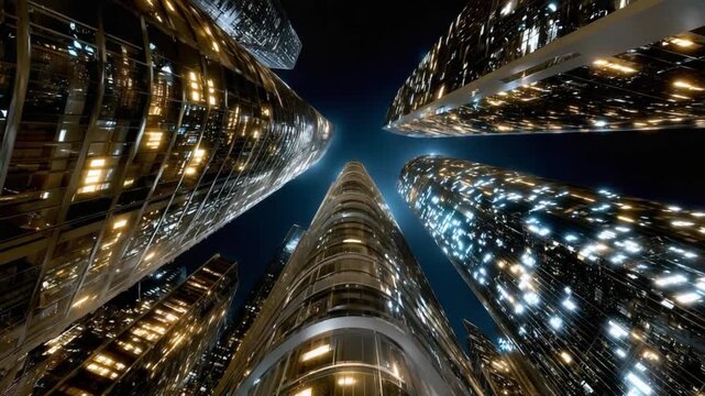 Urban Symphony: Modern skyscrapers pierce the night sky, their illuminated facades reflecting the city's vibrant energy, the perfect fusion of architecture and technology.
