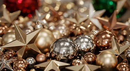 Close-up of shiny silver and gold baubles with soft bokeh light, glamorous holiday decoration background, winter Christmas elegance