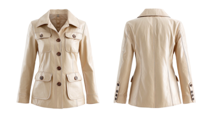 Tan jacket, front & back views, buttoned, pockets, collared & cuffed