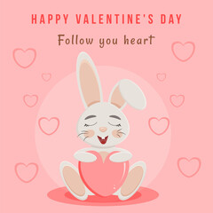 Cute cartoon rabbit holding a red heart. Valentine’s Day greeting card with lovely character, ideal for romantic celebration and holiday design.