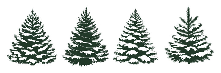 Set of dark green pine tree silhouettes with white snow patches, arranged horizontally on transparent background, minimalist vector illustration with uniform, clean composition.