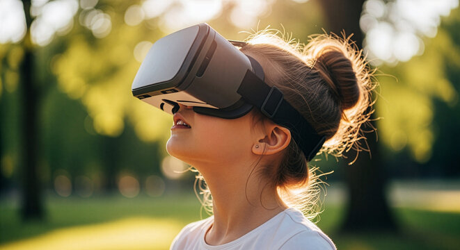 Virtual Immersion: A young girl experiences the digital realm through virtual reality glasses in a sunlit park, exploring the intersection of technology and the great outdoors.