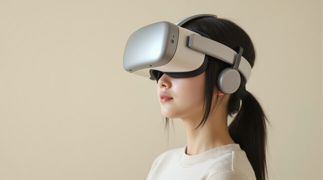 Virtual Explorer: A young individual is fully immersed in a virtual reality experience, wearing a sleek VR headset that transports them to a digital realm of limitless possibilities.