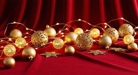 Luxurious golden Christmas balls and stars on rich red velvet with fairy lights, festive holiday glow, elegant seasonal atmosphere.