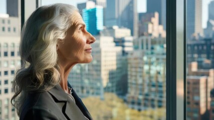 Old woman looking out of window at urban buildings. Emotional reflection on city life. - Powered by Adobe