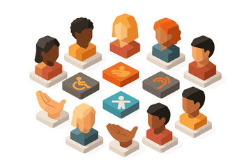 Modern isometric icons representing diversity, inclusion, and accessibility symbols