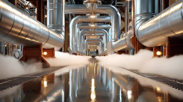 Industrial Pipes and Vapors: An industrial scene showcasing intricate pipework and a vapor cloud with focus on detail. Evoking the essence of modern industry and innovation.