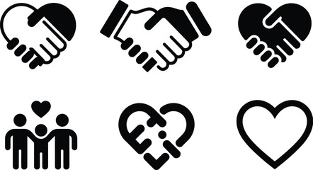 Set of Six Black and White Friendship and Love Icons symbol handshake