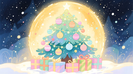  Whimsical watercolor holiday tree with ornaments in pastel hues, wrapped presents below, soft golden halo glow &mdash; playful and artistic.