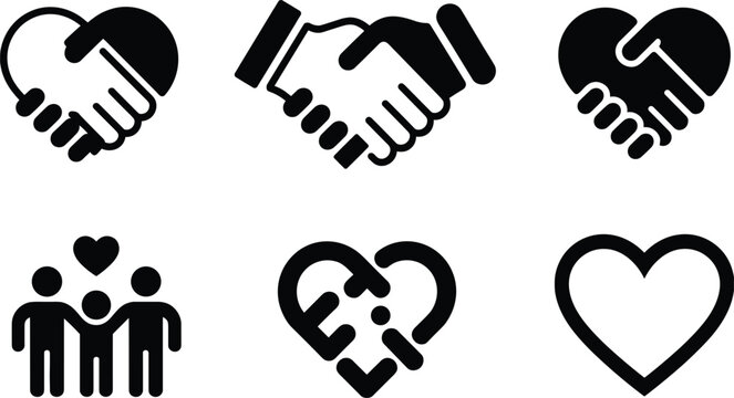 Set of Six Black and White Friendship and Love Icons symbol handshake