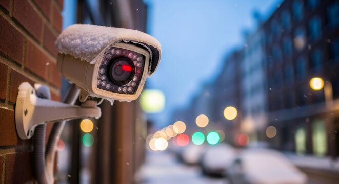 Outdoor security camera covered with snow on brick wall in winter city. Surveillance system for safety and protection during cold weather.