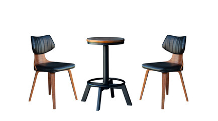 round table and chairs isolated on white background. table and leather wooden chair in car style