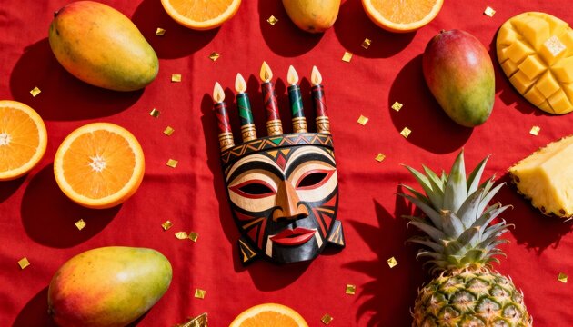 Kwanzaa holiday flat lay with a unique kinara mask and tropical fruit. Top view of a traditional African-American celebration setup on a red background