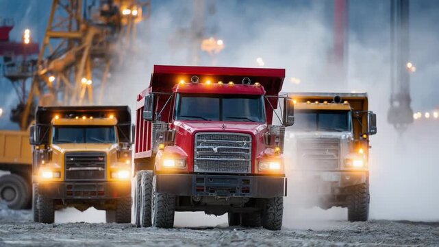 Heavy Trucks in Action: A squadron of powerful dump trucks navigates a construction site, stirring up dust amidst the backdrop of an industrial landscape.
