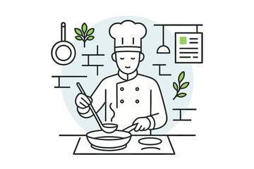 Male chef in uniform stirring ingredients in a pan with a ladle surrounded by cooking elements