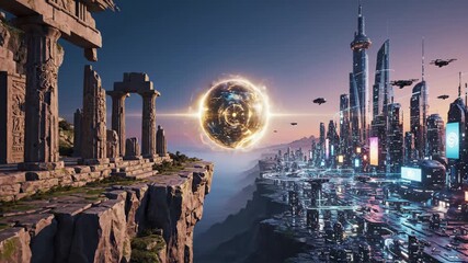 Ancient temple ruins on a cliff face contrasting with a futuristic cityscape filled with flying vehicles and glowing buildings, separated by a canyon with a central powerful energy orb - Powered by Adobe