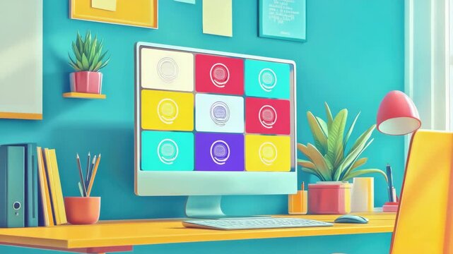 A well-organized workspace featuring a sleek desk setup with a monitor, keyboard, and mouse. The background includes plants adding life to the room.