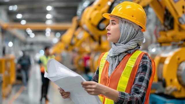 Vision of Industrial Excellence: A skilled female engineer, adorned in a protective helmet, engrossed in blueprints, exudes competence and innovation.