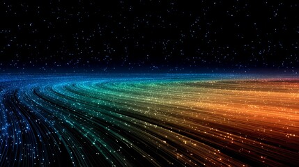 Abstract cosmic landscape with glowing particles and vibrant color gradients flowing seamlessly