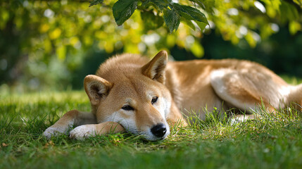 Fototapeta premium A light-furred dog relaxes in the shade of a leafy tree, its paws resting on the lush green grass, enjoying a peaceful moment outdoors.