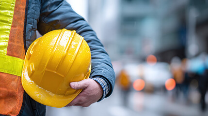 Construction worker holding a yellow hard hat on a rainy day, wearing a high-visibility vest with city buildings in the background.