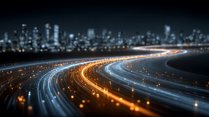Abstract data streams flowing into a modern city skyline at night illustration