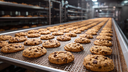 Endless rows of golden chocolate chip cookies cooling on a wire rack. Bakery setting, conveying freshness and warmth of homemade delights.