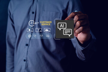 Man Using Digital Tools for Customer Service with AI Technology Representation in a Dark Background for Modern Business Solutions