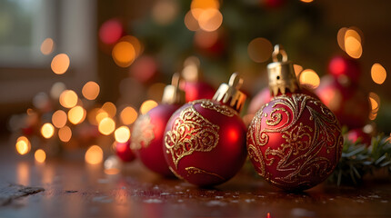 Fototapeta premium Elegant Red Christmas Ornaments with Gold Filigree on Wooden Table
