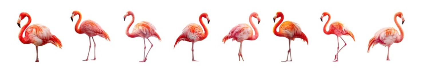 Fototapeta premium A line of seven vibrant pink flamingos standing on one leg against a white background.