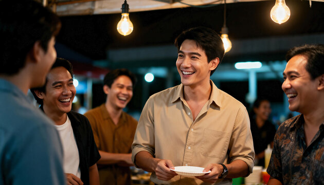 Group of happy Asian work colleagues laughing together at a night market. Male friends socializing and enjoying a fun evening outdoors - Powered by Adobe