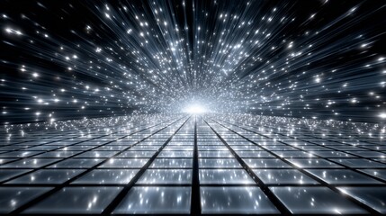 Abstract digital background with futuristic tunnel, glittering lights and floor reflection creates