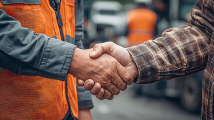 Close-up of a handshake between two workers, one in a reflective vest and the other in a plaid shirt, symbolizing agreement and collaboration.
