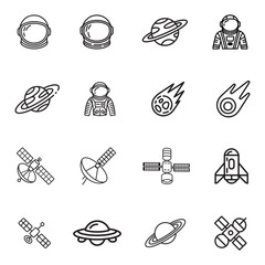 Fototapeta premium Collection of space and astronomy icons featuring celestial bodies and scientific instruments silhouette