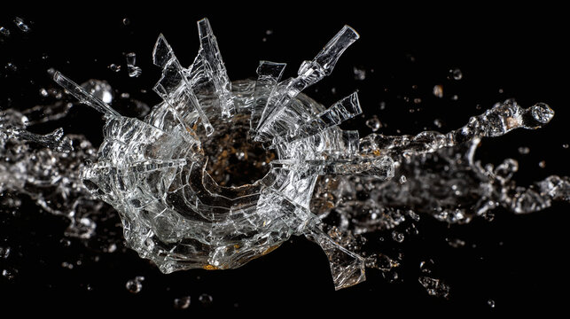 A high-speed shot of shattered glass and splashing water against a dark background, capturing a sense of fragility and dynamic energy.